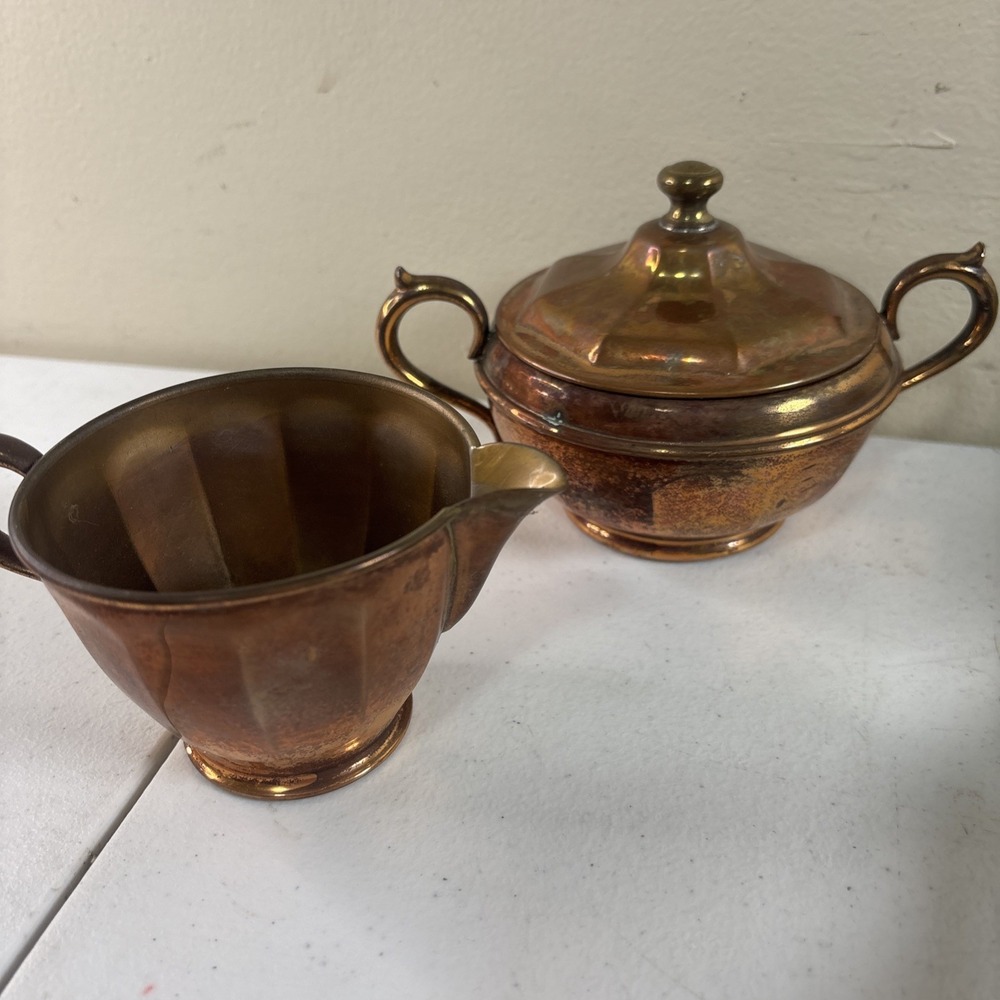Vintage‎ Manning Copper and Brass Creamer and Sugar Bowl Set with Patina